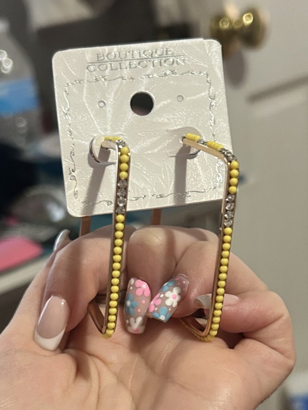 Yellow Beaded Square Hoop Earrings - Picture 2 of 4